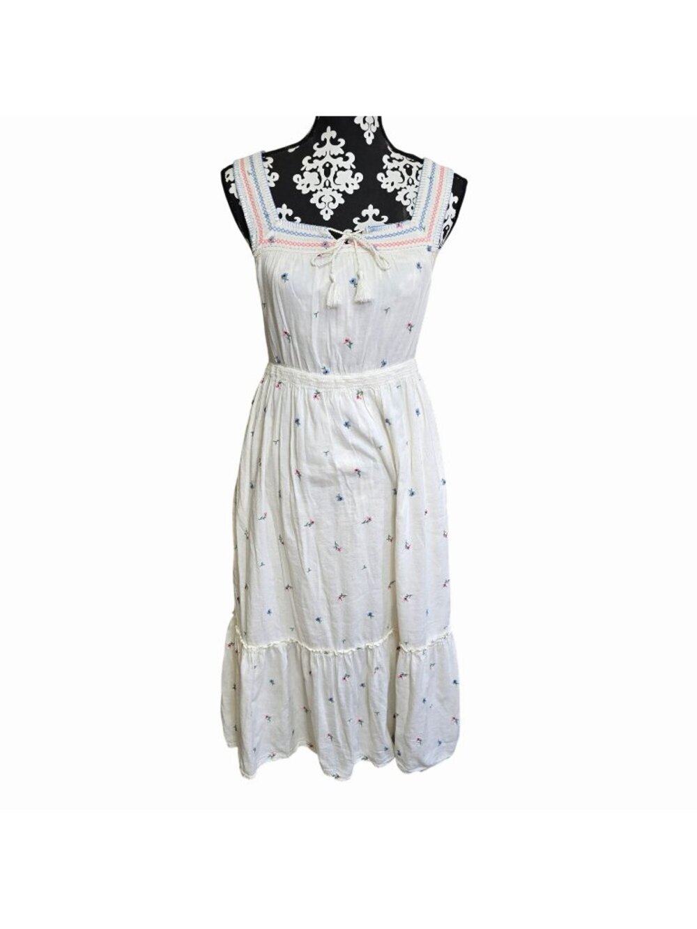 Old Navy XS Sleeveless Midi Dress White Floral Embroidered Boho Peasant